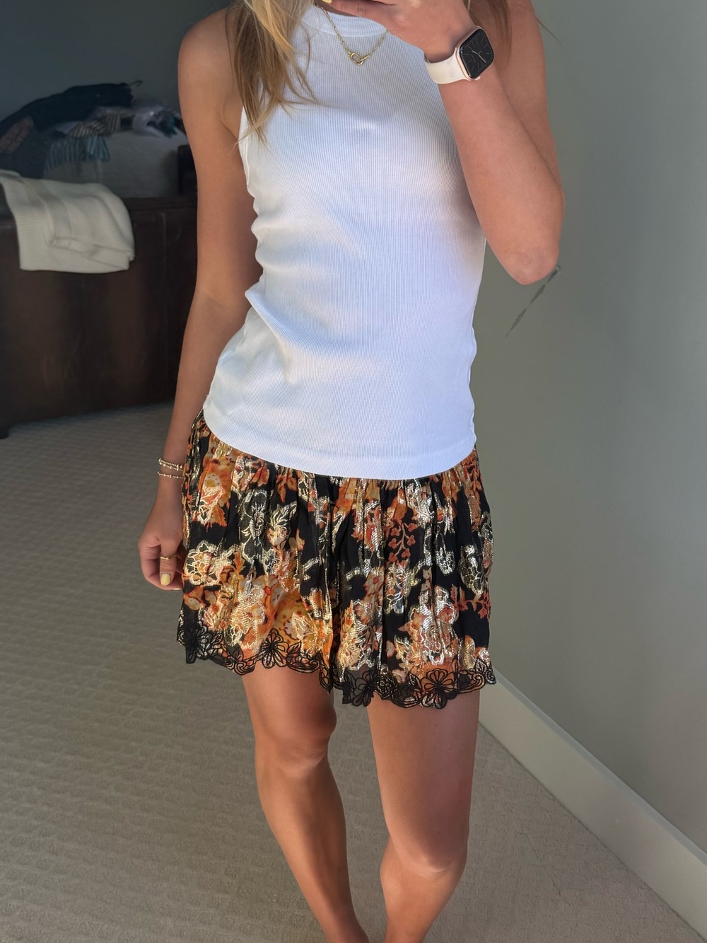 HEMANT & NANDITA Black Floral Skater Mini Skirt with Orange Accents